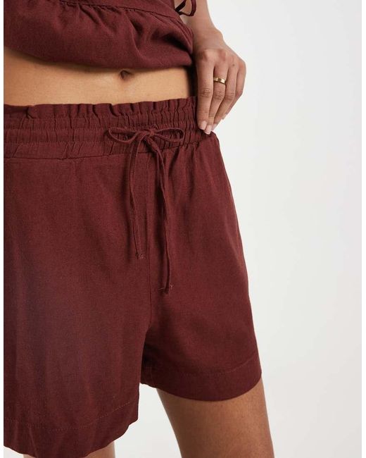 Vero Moda Red Linen Touch Tie Waist Papaerbag Shorts Co-ord
