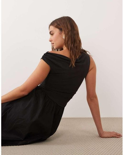 Nobody's Child Black Beth Modal Blend One Shoulder Short Sleeve Pocket Detail Midi Dress