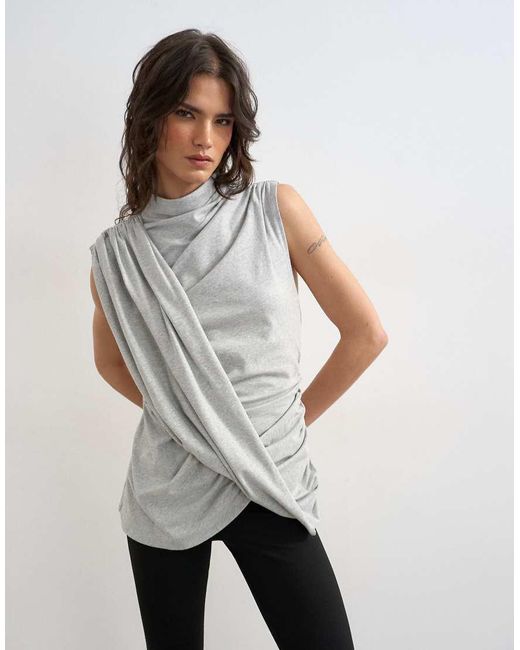 TOPSHOP Gray Drape Front Marl Tunic Top