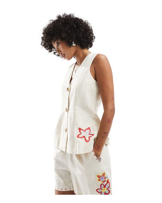 Native Youth White Embroidered Button Through Linen Waistcoat Co-ord