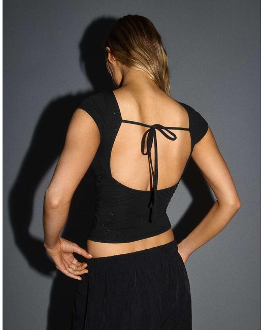 Bershka Black Boat Neck T-shirt With Knot Back