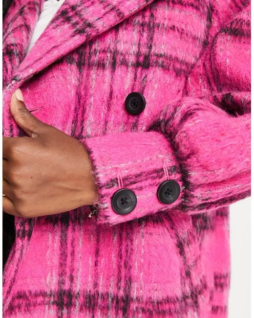 Miss Selfridge Pink Check Mongolian Faux Fur Collar Long Coat