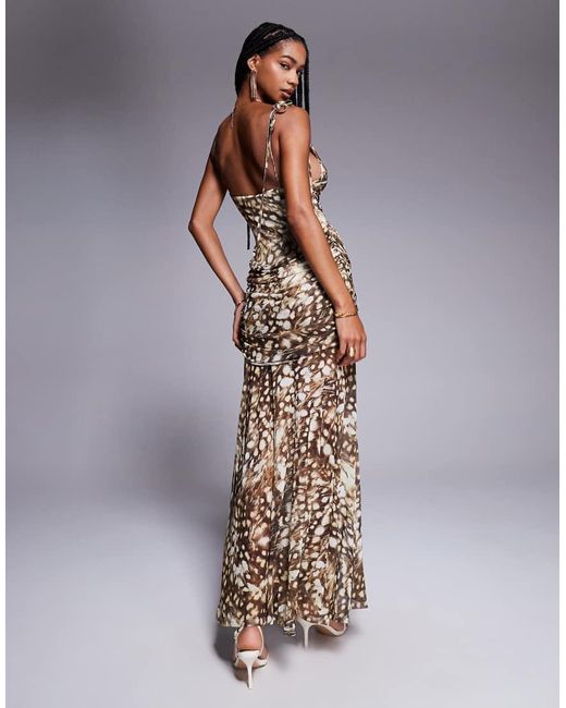ASOS Multicolor Printed Mesh Maxi Dress With Cowl Detail And Tie Straps