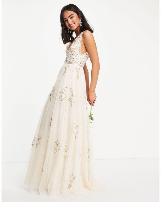 Petunia - vestito lungo da sposa con ricami con fiori, color avorio di Needle & Thread in White