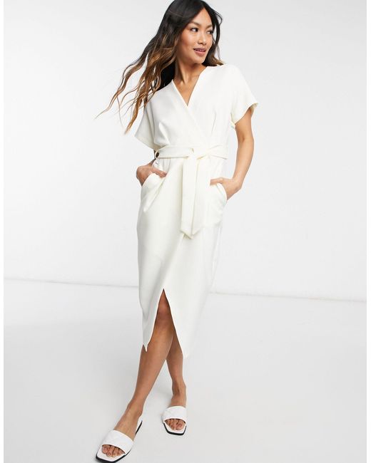 Closet Kimono Wrap Midi Dress in White | Lyst
