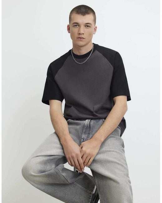 River Island Gray Oversized Fit Raglan Sleeve T-Shirt for men