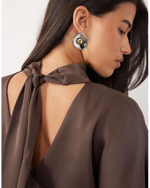 Pretty Lavish Brown Satin Choker Detail Kimono Sleeve Full Maxi Dress