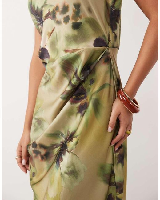ASOS Natural Satin High Neck Pleated Bodice Midi Dress