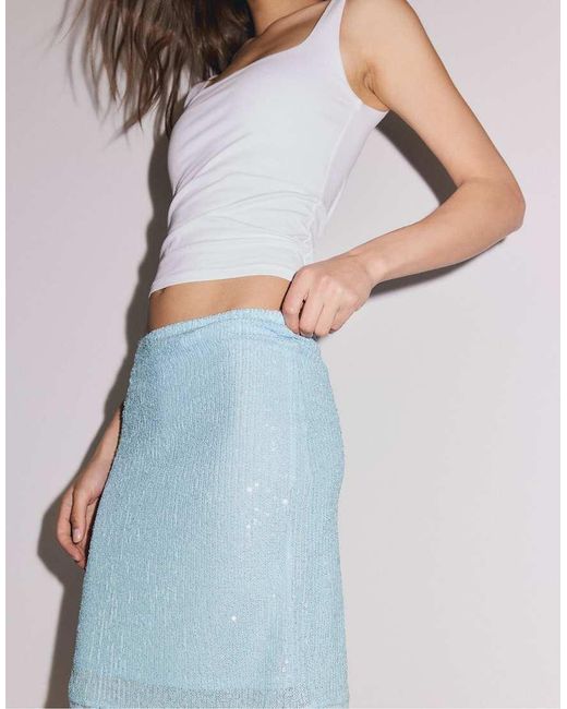 Stradivarius Blue Sequin Midi Skirt