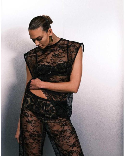 Vrg Grl Black Longline Short Sleeve Lace Mesh Top