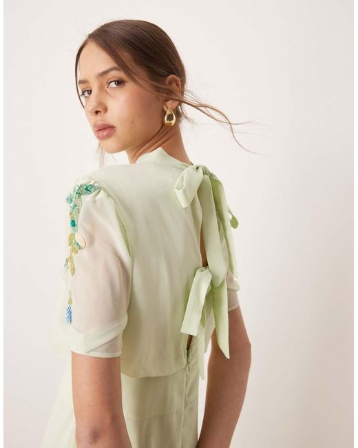 Hope & Ivy Natural Embellished Midi Dress With Bow Back