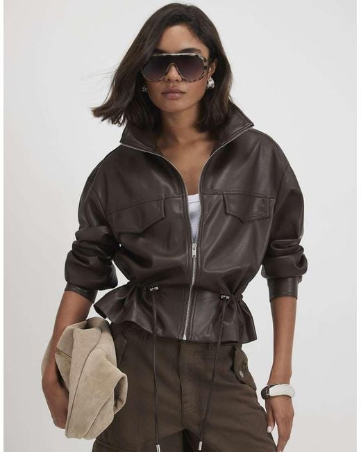 River Island Brown Faux Leather Drawstring Funnel Jacket