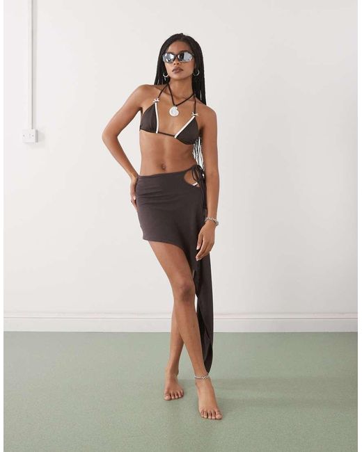 Lioness Brown Moss Tie Side Asymmetric Beach Skirt Co-ord