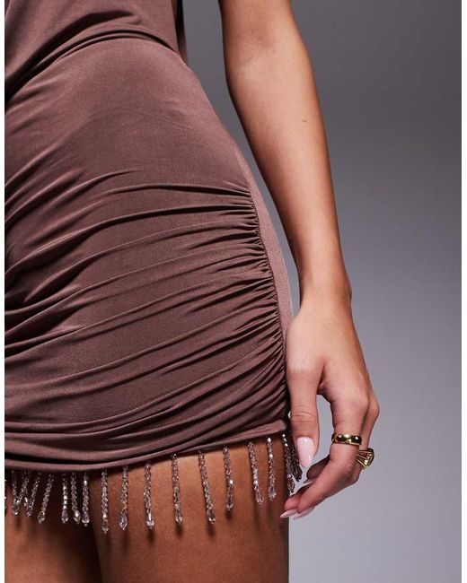Edikted Brown Bead Fringe Backless Halter Mini Dress