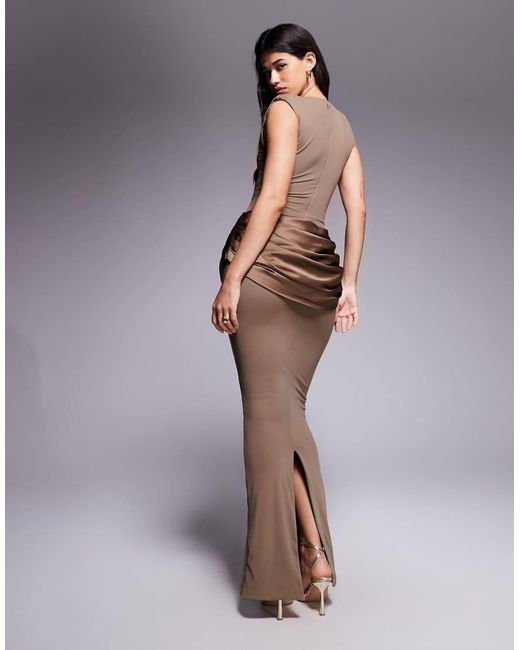 Wanderdoll Gray Wander Doll Eman Shoulder Pad Detail Sleeveless Slash Neck Satin Drape Waist Detail Bodycon Maxi Dress
