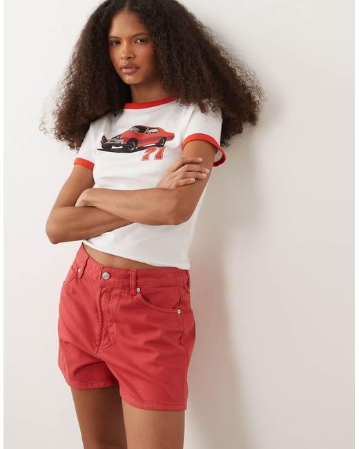 ASOS Red High Waist Denim Shorts