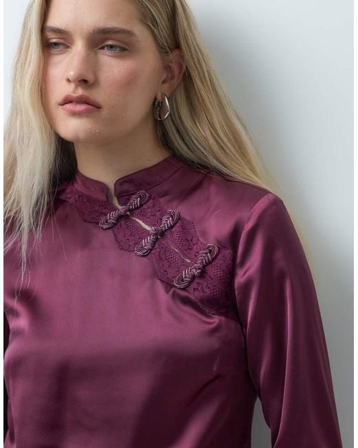 Reclaimed Vintage Purple Mandarin Collar Satin Blouse With Asym Hem