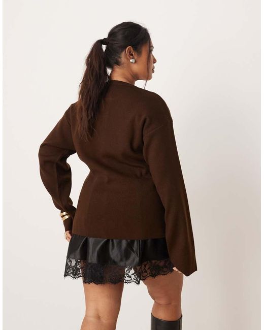ASOS Brown Curve Knitted Structured Crew Neck Cardigan With Gold Buttons