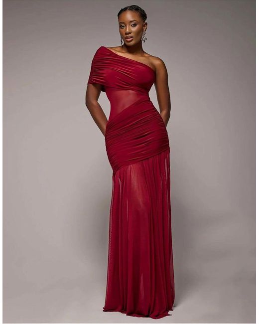 Goddiva Gathered One Shoulder Sheer Panel Maxi Dress