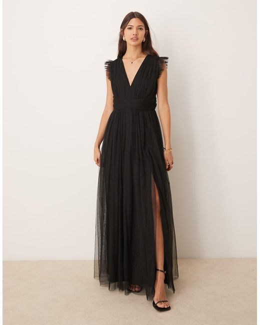 ANAYA Natural Deep V-Neck Bridesmaid Maxi Dress