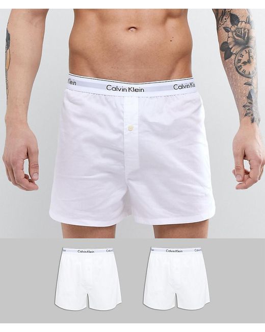 Calvin Klein White Modern Cotton Woven Boxers 2 Pack In Slim Fit for men
