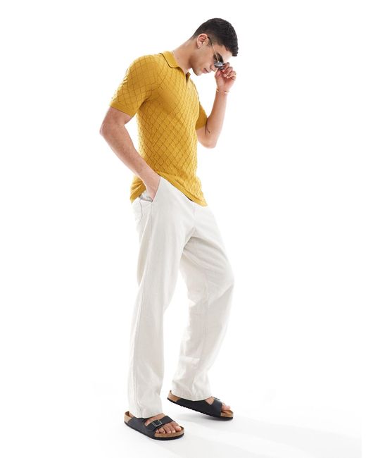 ASOS Yellow Knitted Short Sleeve Polo With Diamond Texture for men