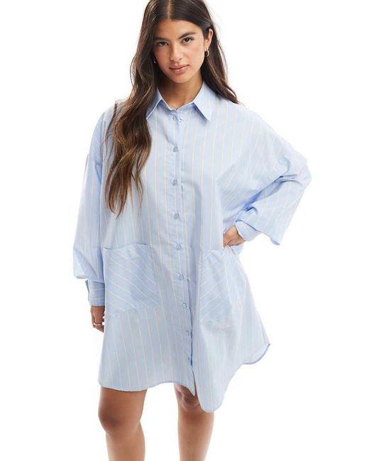 Vestito Camicia Oversize Blu E Cuoio A Righe Con Tasche Basse di ASOS in Blue