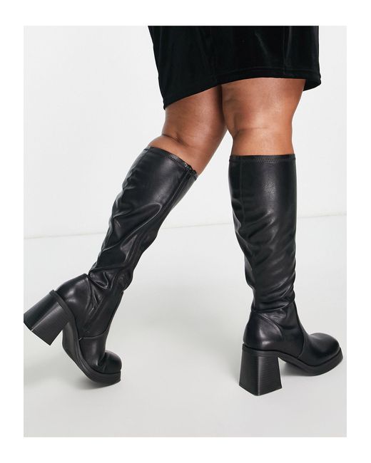 ASOS Curve Catch Mid Heel Sock Knee Boots in Black | Lyst