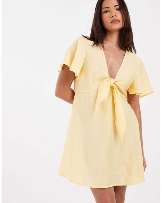 Vero Moda Yellow Crinkle Textured Woven Tie Front Mini Dress