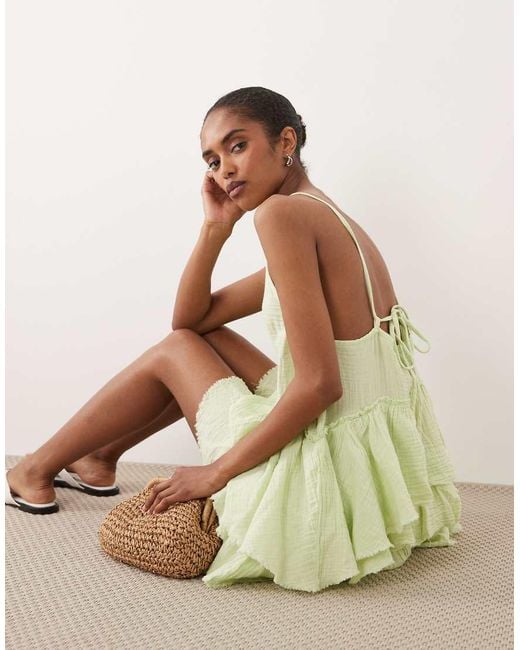 ASOS Natural Double Cloth Washed Mini Sundress With Distressed Ruffles