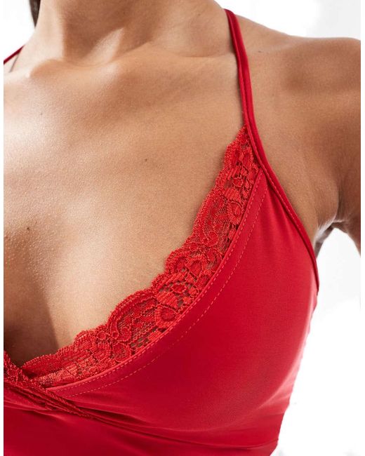 Fashionkilla Exclusive Slinky Double Layered Wrap Halterneck Top With Lace Trim