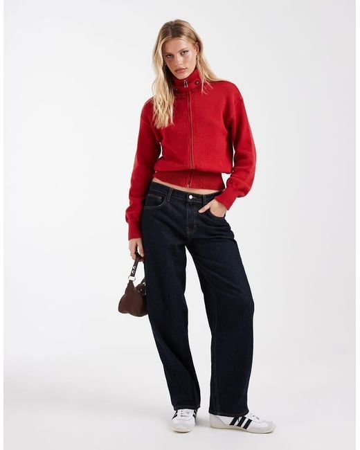 ASOS Red Knitted Cotton Blend Funnel Neck Zip Up Cardigan