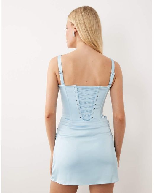 Oh Polly Blue Satin Corset Drape Detail Mini Dress