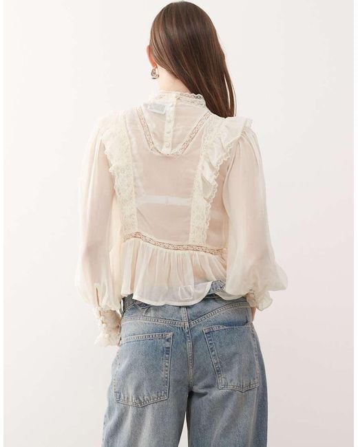 Reclaimed Vintage Natural Sheer Tea Top With Pintucks And High Neck