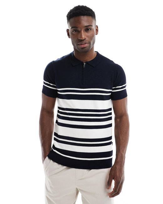 French Connection Blue French Connection Zip Knitted Polo Shirt for men