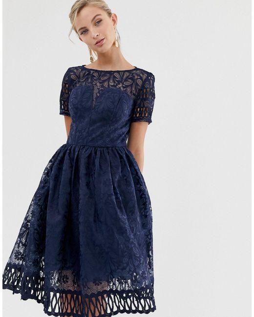 Chi Chi London Blue Premium Lace Dress With Cutwork Detail And Cap Sleeve