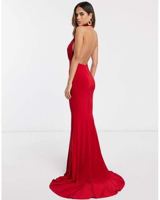 Club L London Red Backless Halterneck Fishtail Maxi Dress