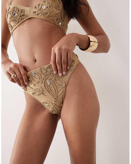 ASOS Brown High Waisted Embellished Cord Detail Bikini Bottoms
