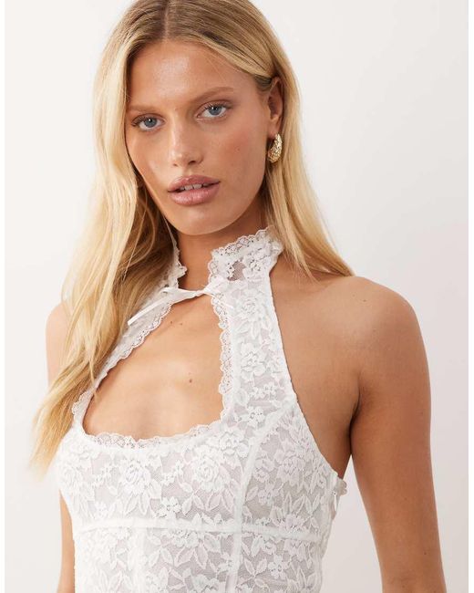 I.AM.GIA White Kezia Halterneck Mandarin Collar Lace Ruffle Hem Mini Dress