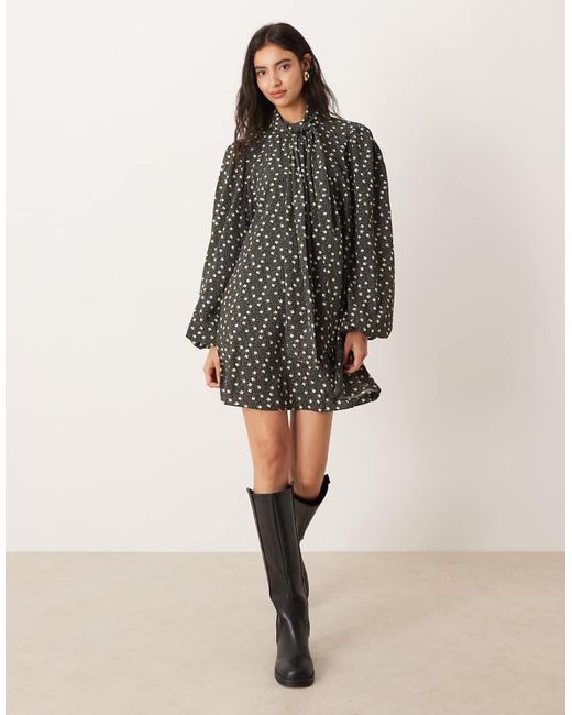 Glamorous Black Pussybow Smock Mini Dress With Balloon Sleeves