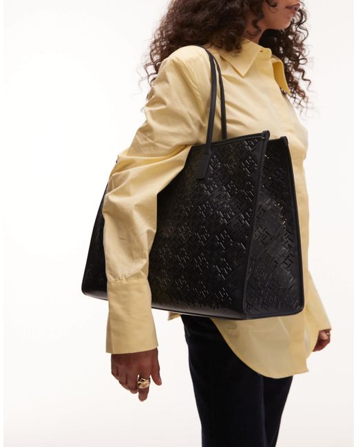 Tommy Hilfiger Black Monogram Faux Leather Tote Bag