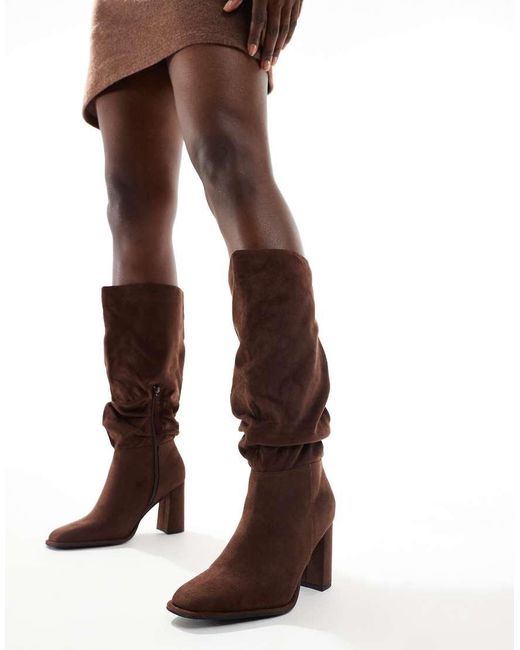 London Rebel Brown maggie Slouchy Block Heel Boots