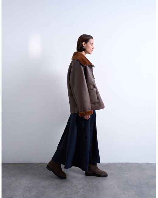 TOPSHOP White Shearling Oversized Reversible Coat With Button Loop