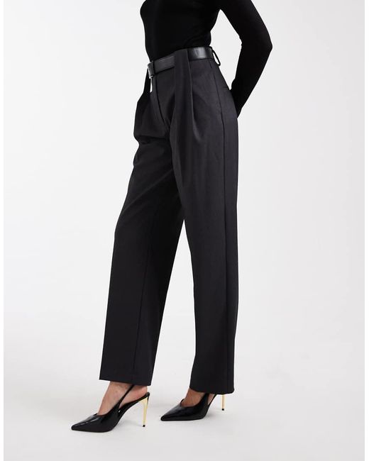 ASOS Black Tall Tailored High Waist Belted Straight Leg Trousers