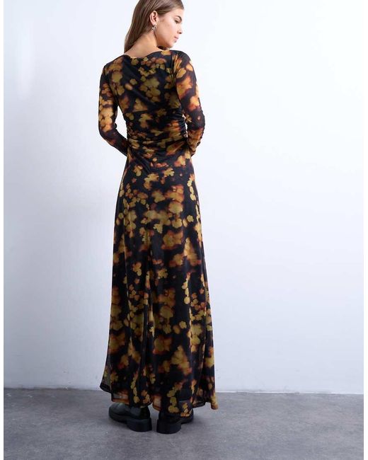 TOPSHOP Black Blurred Floral Print Long Sleeve Maxi Dress