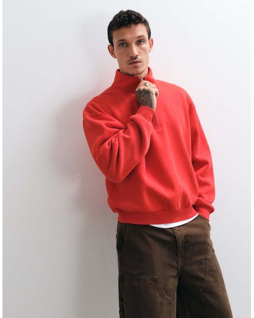 Sudadera Holgada Con Media Cremallera Y Lavado Ácido En ASOS de hombre de color Red