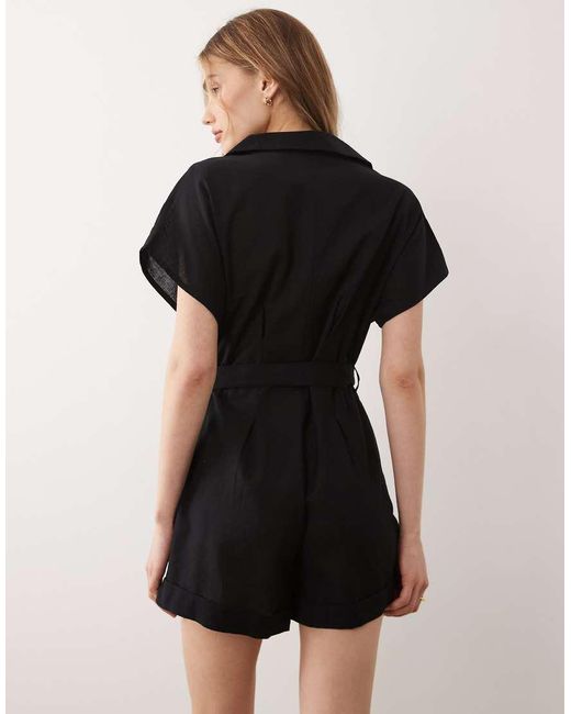 Wednesday's Girl Black Button Tie Linen Playsuit