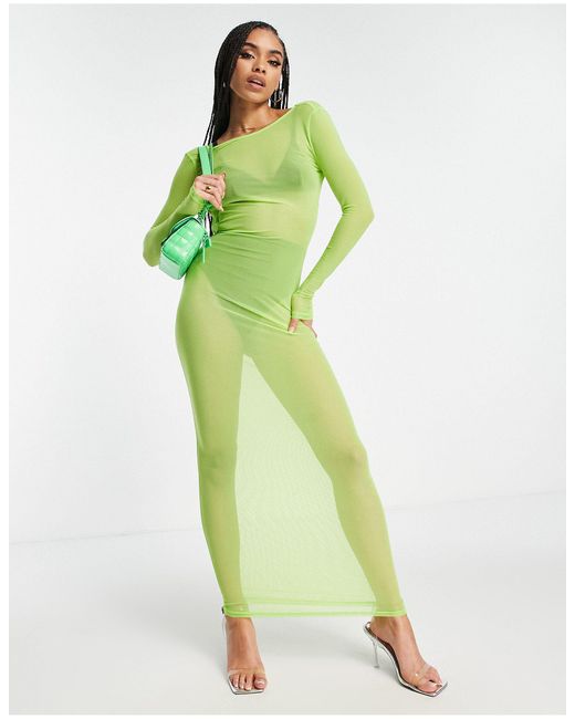 SIMMI Green Simmi Long Sleeve Sheer Maxi Scoop Back Dress