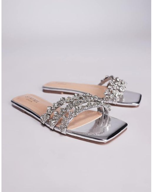 SIMMI White Mirror Diamante Flat Sandals