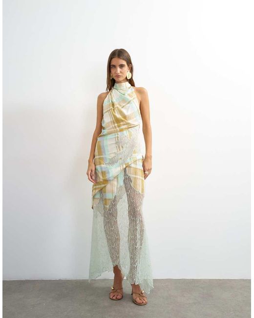 TOPSHOP Multicolor Premium Linen Blend Halter Neck Lace Hem Occasion Maxi Dress